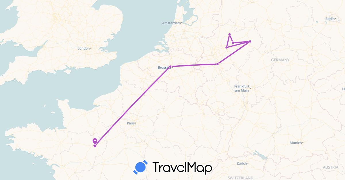 TravelMap itinerary: train in Belgium, Germany, France (Europe)